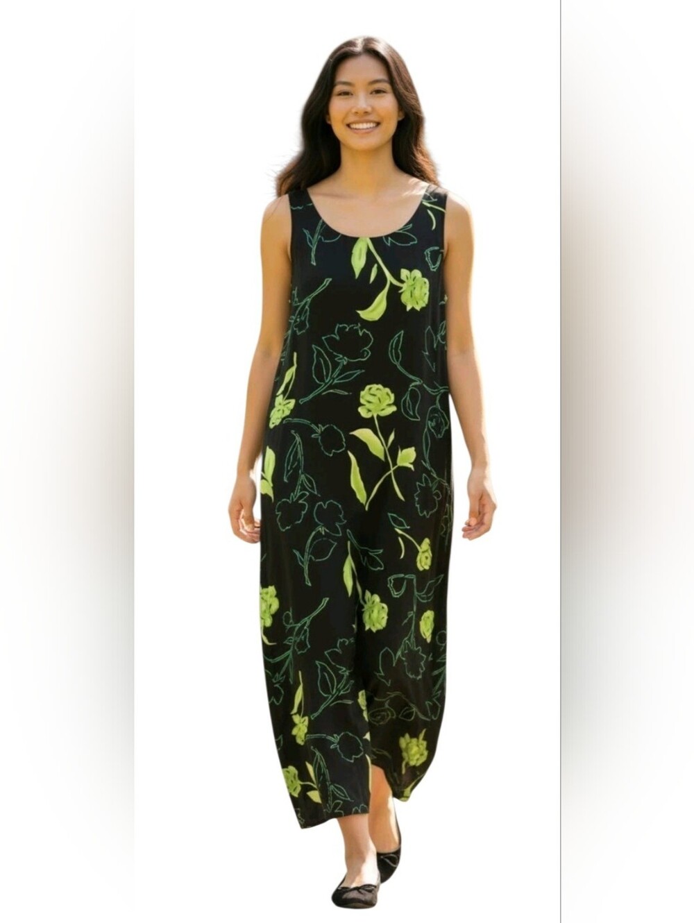 Studio I Vintage Sleeveless Black Green Aqua Rose Floral Maxi Shift Dress 14P